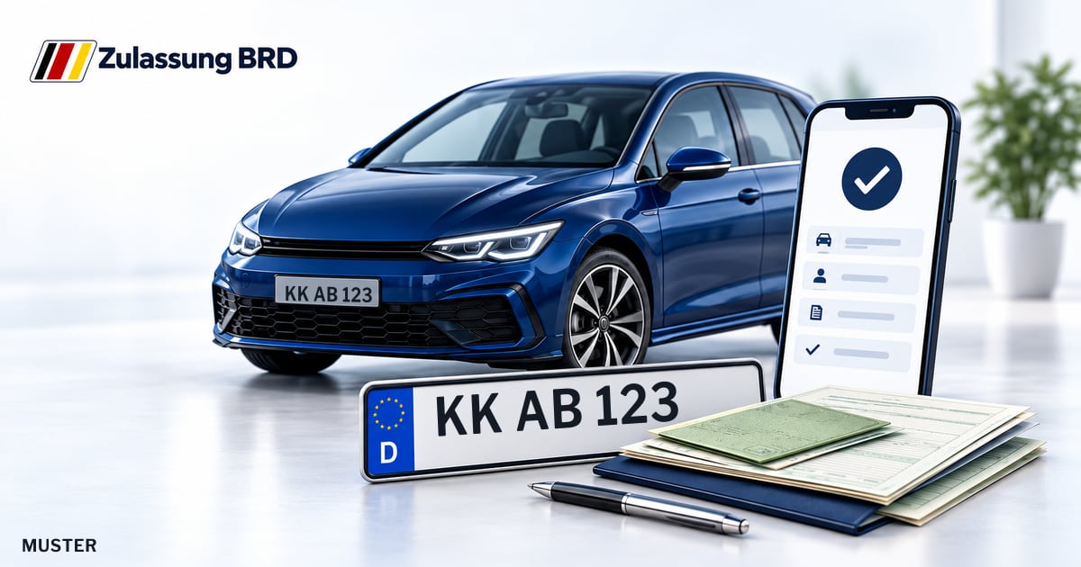 Online Fahrzeugzulassung in Kempen: Musterkennzeichen KK AB 123, Auto und Fahrzeugpapiere und Smartphone. Illustration mit Logo von Zulassung BRD.